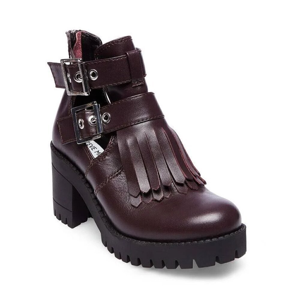 Steve Madden Tullia Burgundy Fringed Cut Out Heeled Ankle Boots 7 - Picture 1 of 9